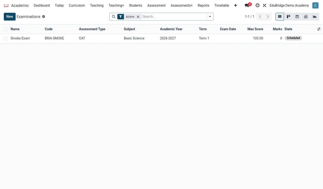 Assessments dashboard listing exam series and their status