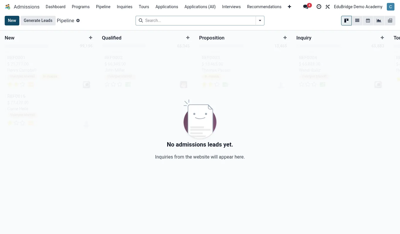 The EduPrime admissions pipeline kanban with stage columns and conversion metrics