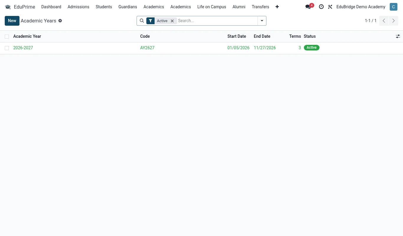 Academic dashboard showing the current year and terms