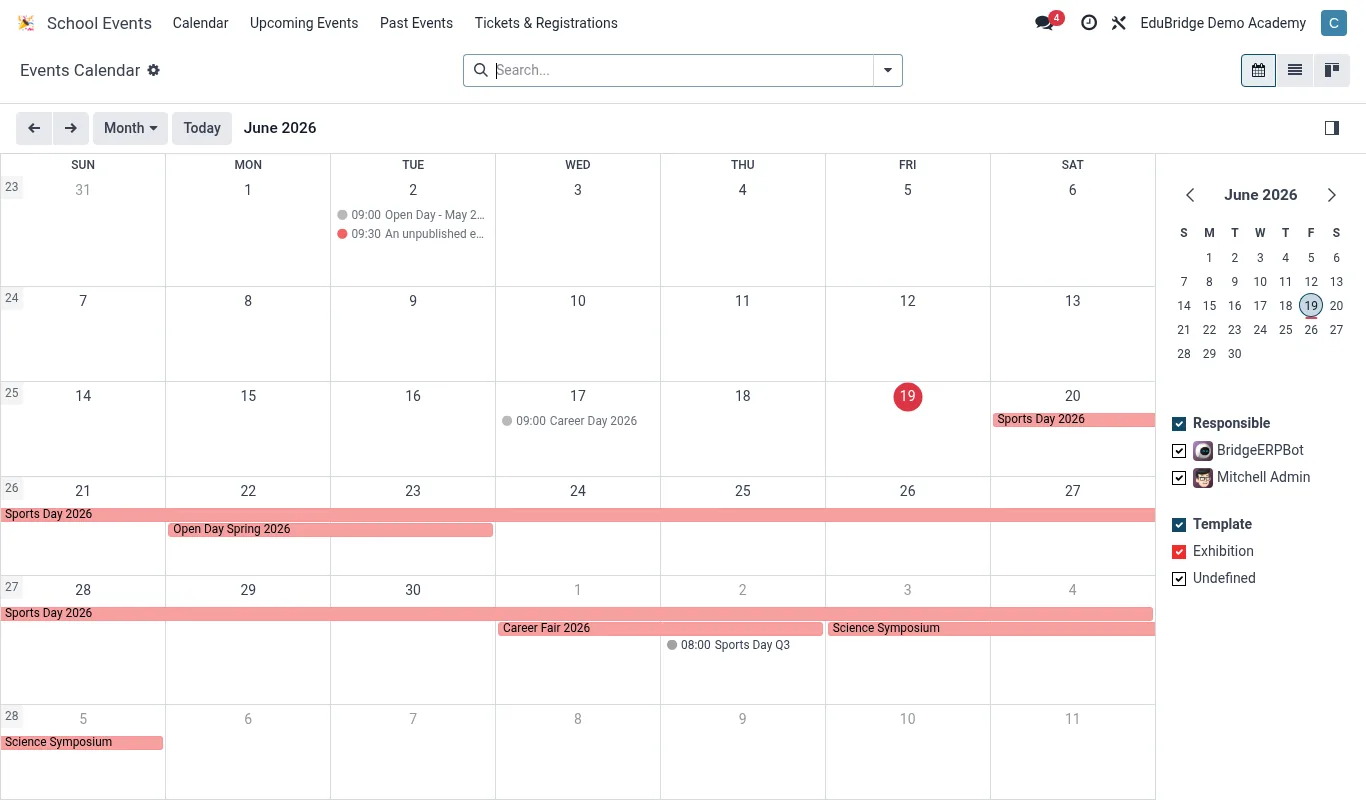 School events calendar with registration and ticketing