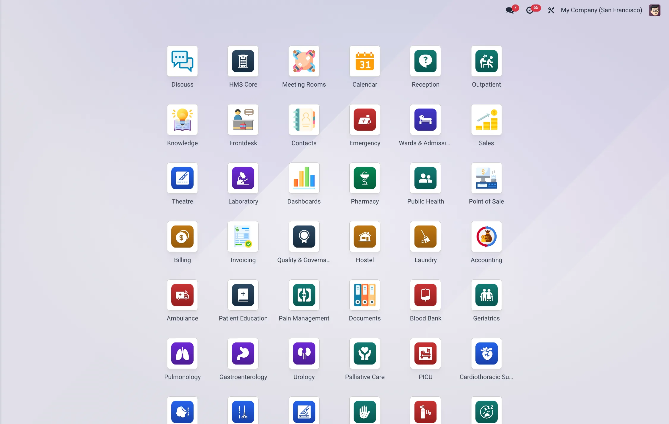 The BridgeERP HMS app drawer after installing the core apps