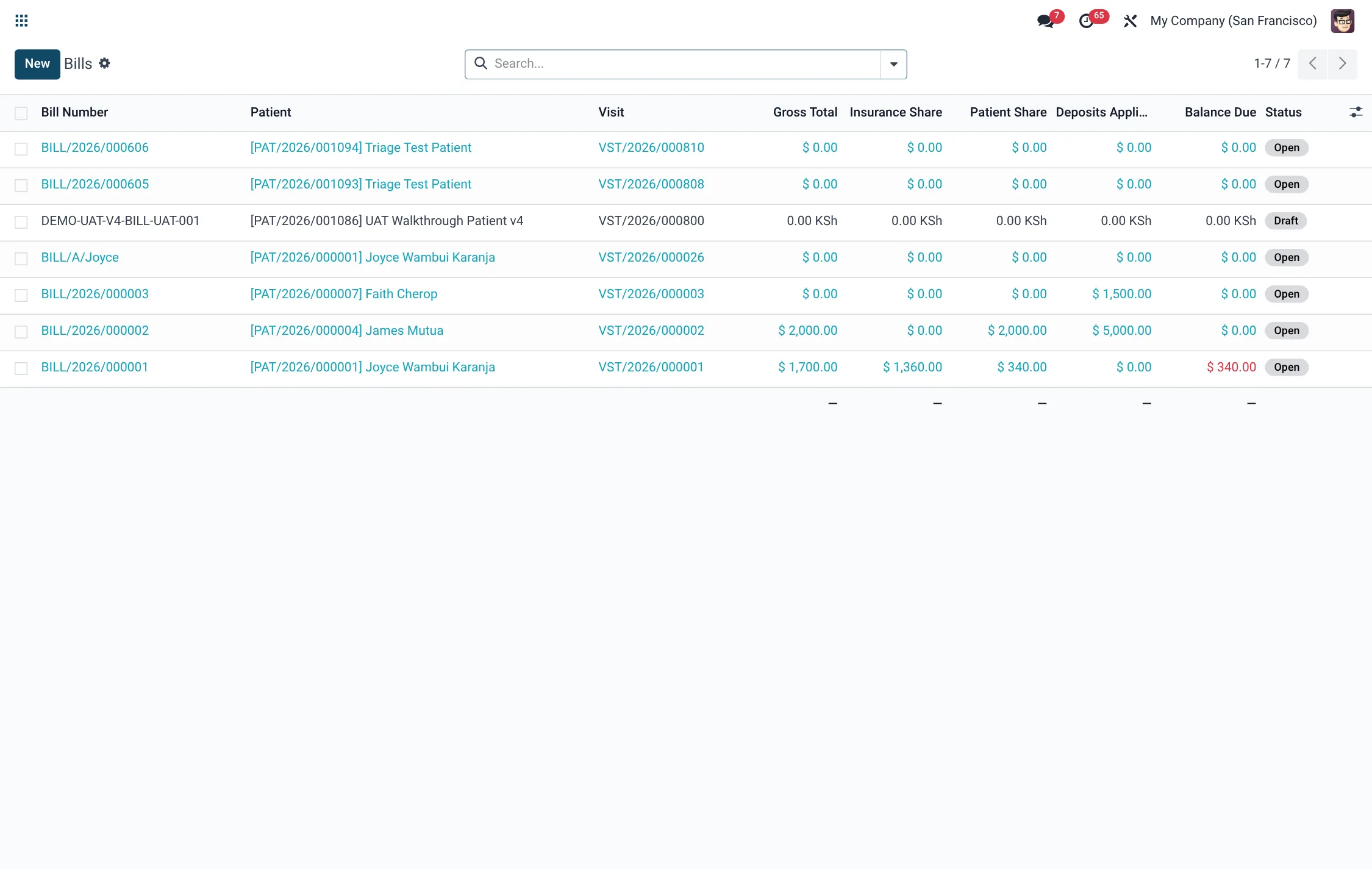 Patient bill list in BridgeERP HMS