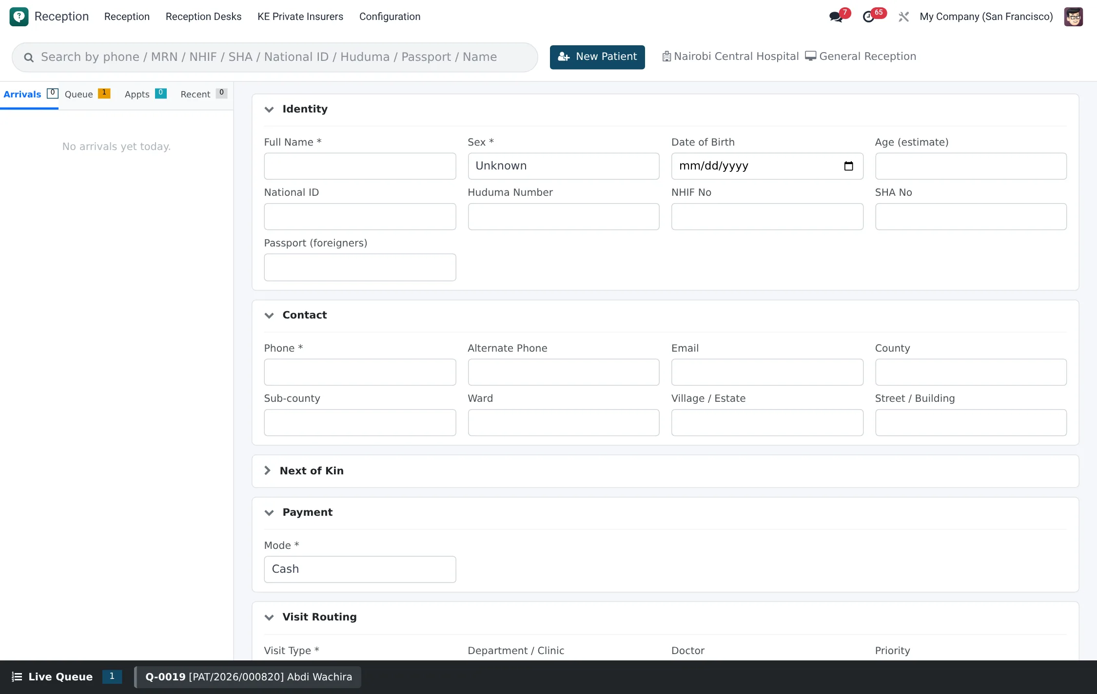 The Reception Desktop console with search bar, worklist tabs and patient row actions