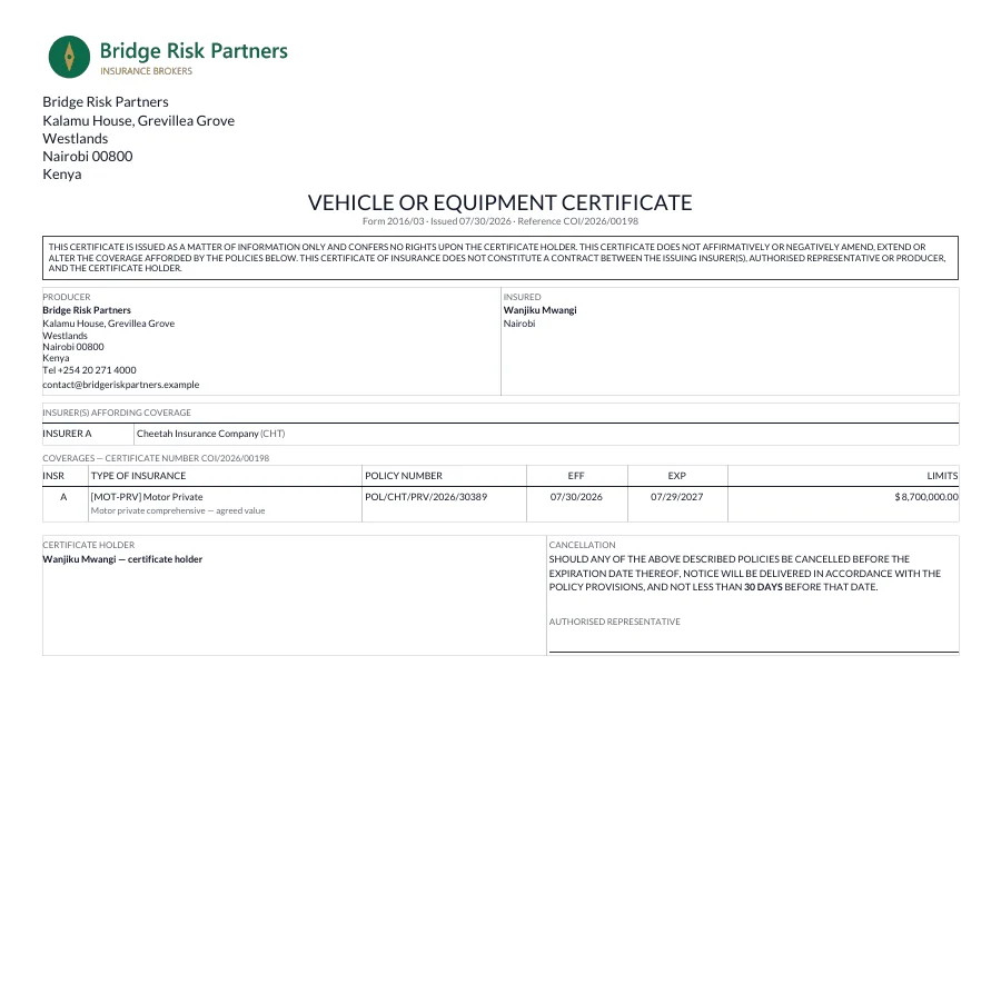 Certificate of insurance