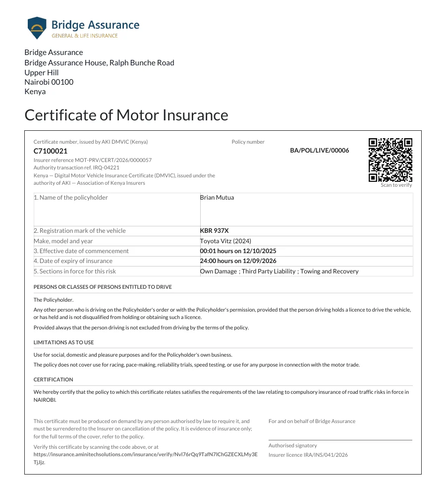 Certificate of motor insurance