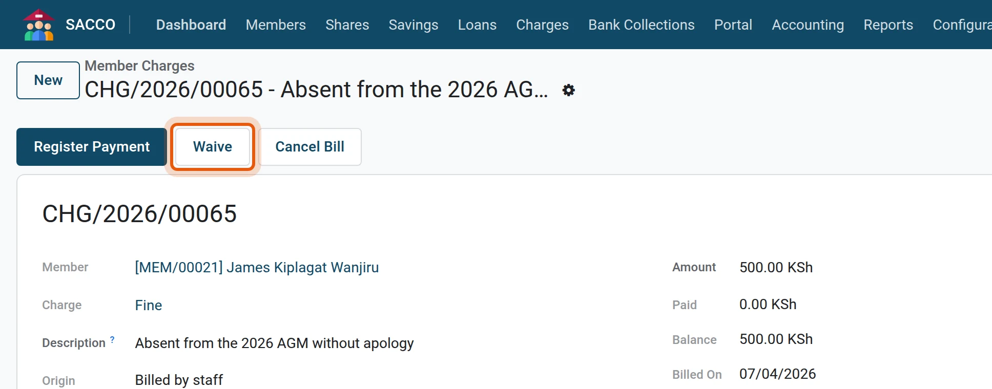 Open the bill and press Waive