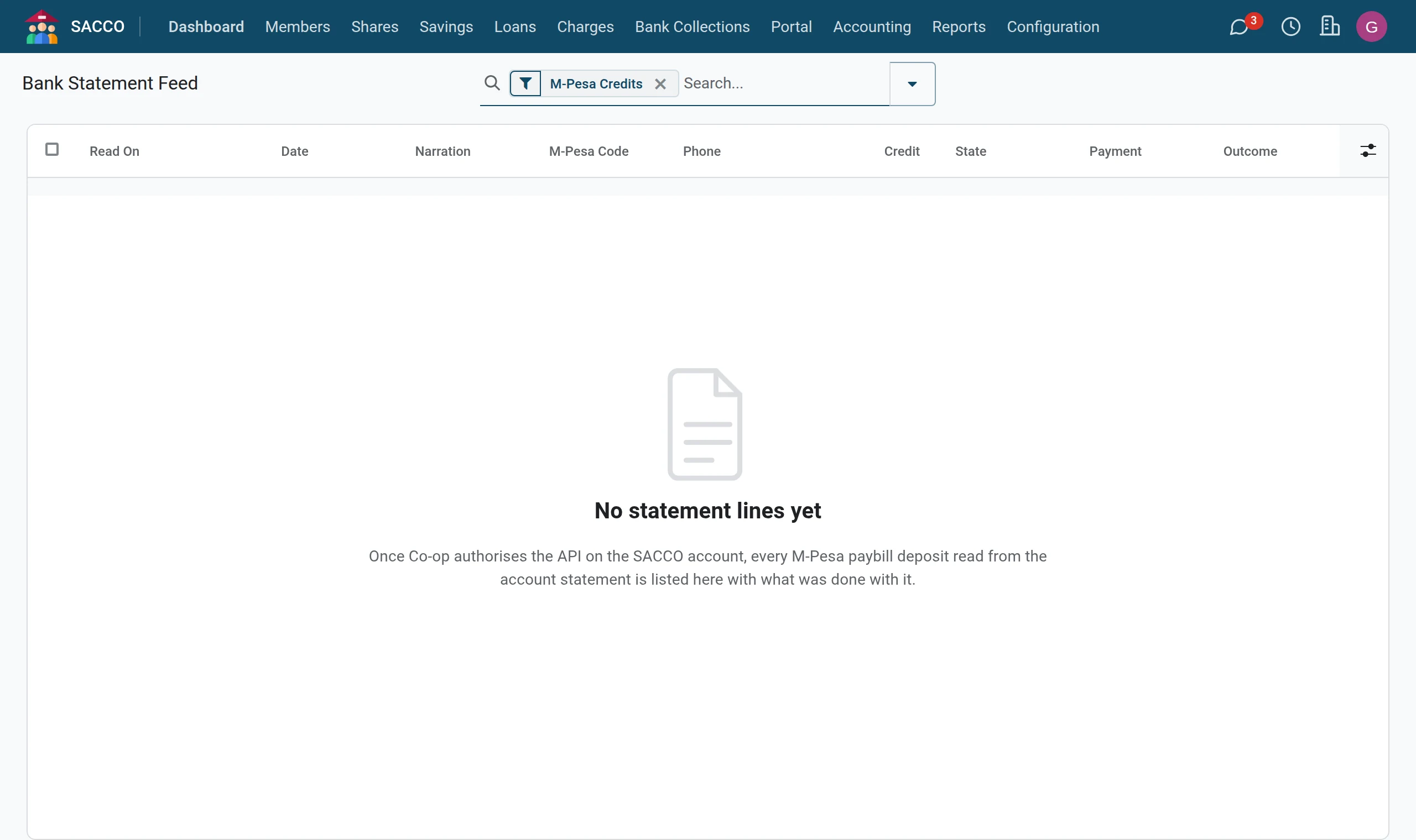 The statement feed: each line read from the bank and what was done with it