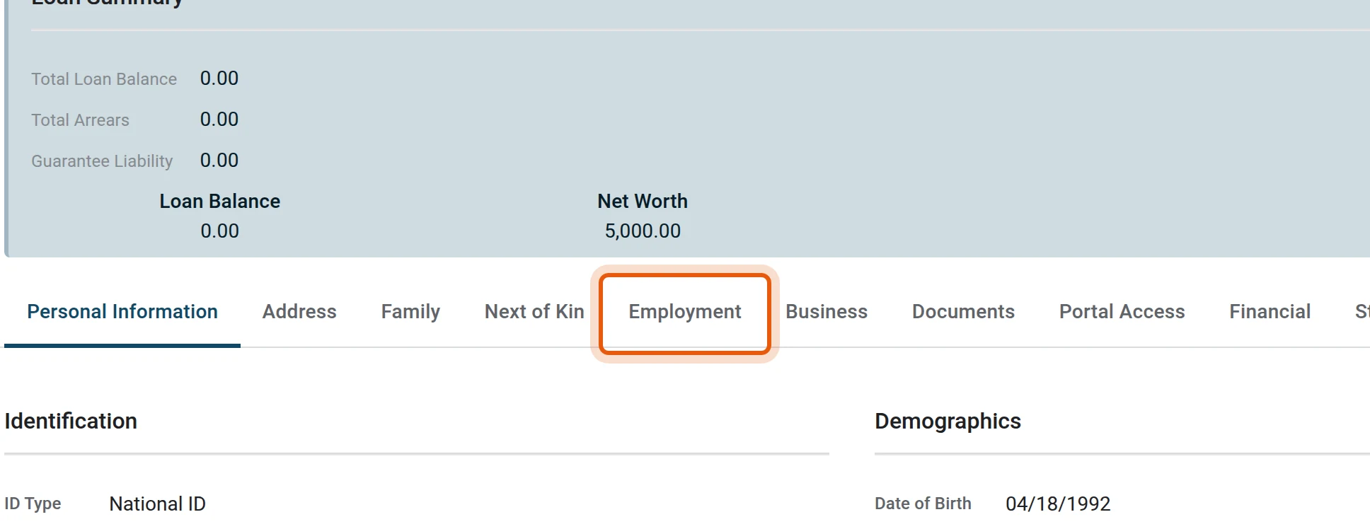Open the Employment tab