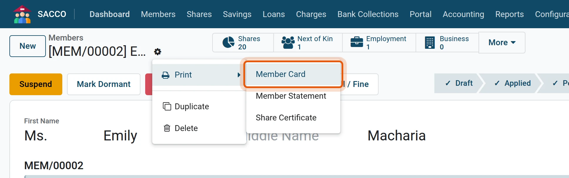 Open the member and the gear menu