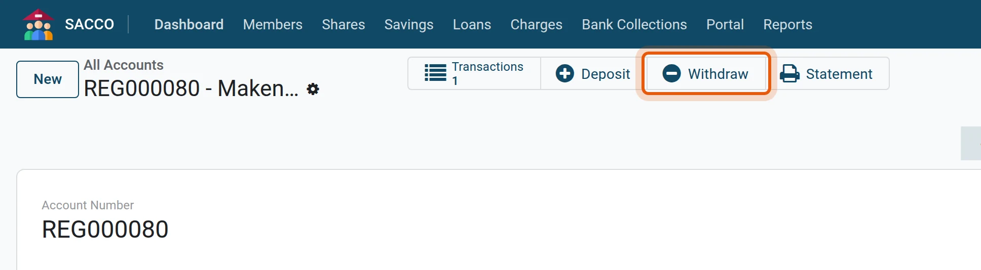 Open the account and press Withdraw