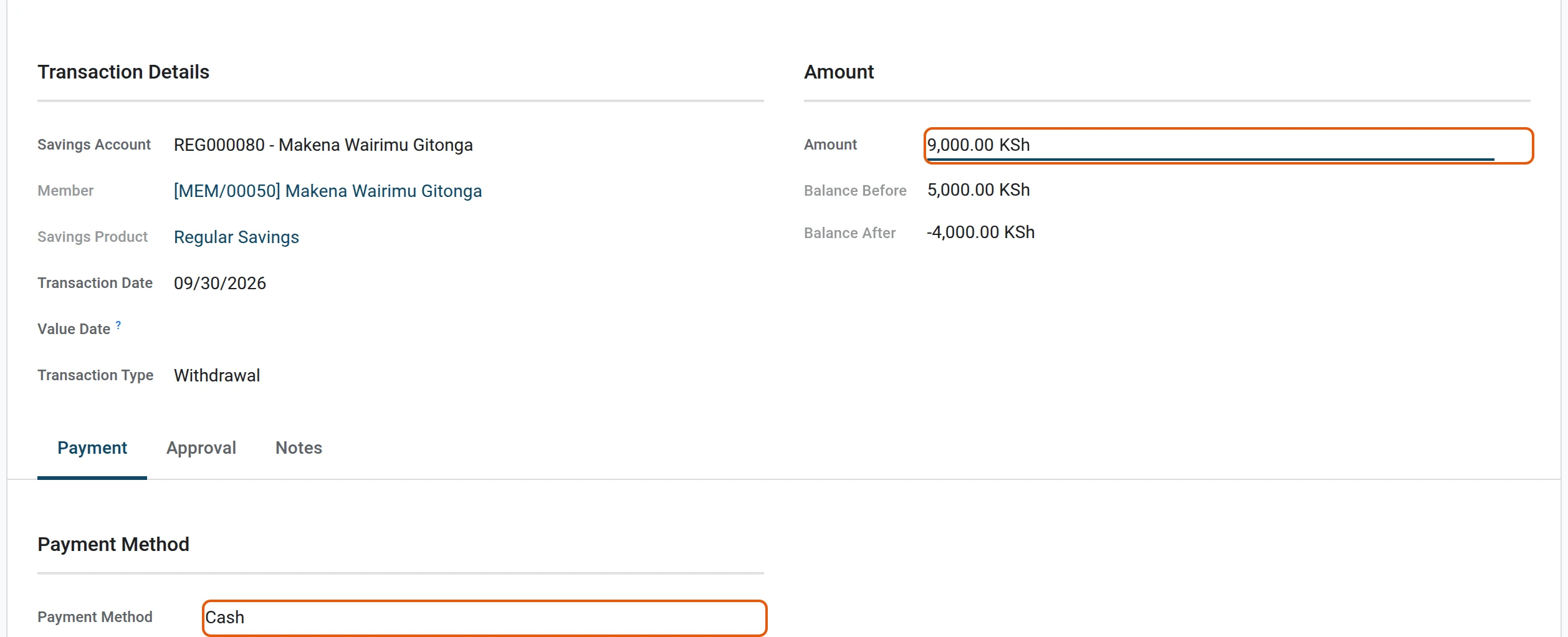 Amount and payment method